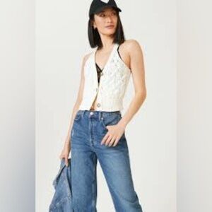 Pilcro Anthropologie Cable Knit Sleeveless Sweater Vest Tank Top Cream White XL